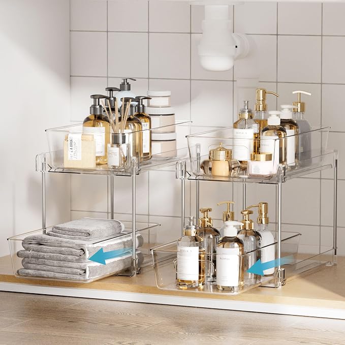 Vtopmart 6 Pack Bathroom Organizer, 2 Tier Clear Under Sink Organizers Vanity Countertop Storage Container,Cabinet Drawers Bins, Pull-Out Organization with Track for Pantry, Kitchen