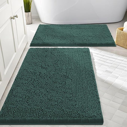 Smiry Chenille Bathroom Rugs Sets 2 Piece (30x20+24x16, Green) | Soft Absorbent Machine Washable Non Slip Shaggy Bath Rug Set for Tub, Shower, and Floor, Home Decor