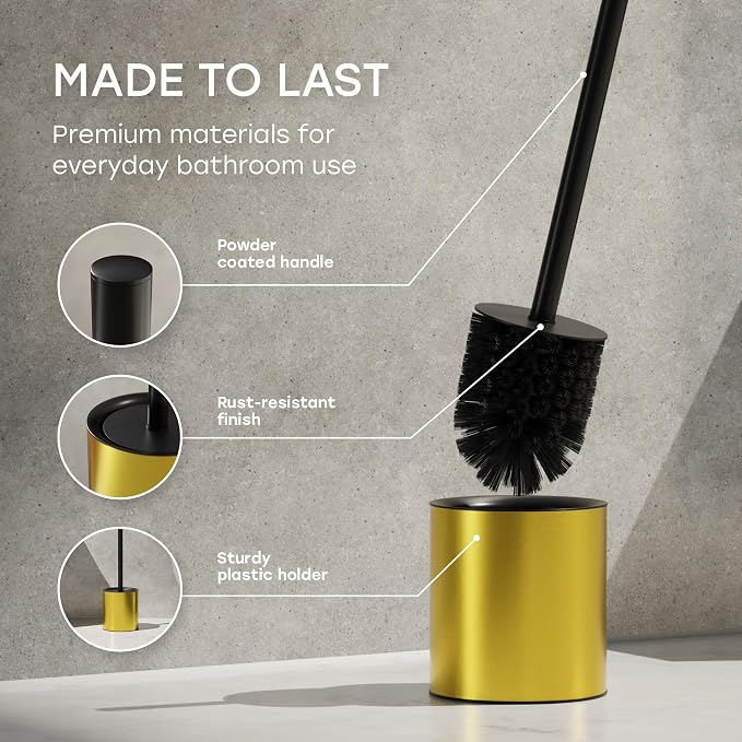 Toilet Bowl Brush with Holder and Splash Guard – Gold | Freestanding toilet bowl brush set with durable steel holder, splash guard lid, and stainless steel handle in gold