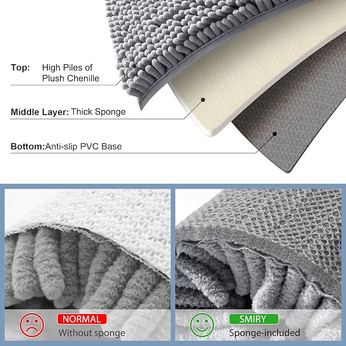 Smiry Chenille Bathroom Rugs Sets 2 Piece (30x20+ U Shape 24x20, Grey) | Soft Absorbent Machine Washable Non Slip Shaggy Bath Rug Set for Tub, Shower, and Floor, Home Decor