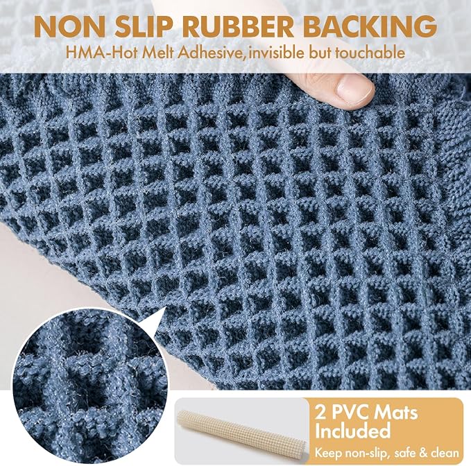 MIULEE Set of 2 Waffle Bathroom Rugs Boho Bath Mat Blue 24x36 Inch | Non Slip, Super Absorbent, Washable, Ultra Soft, Rubber Backed, Large Bath Rugs for Bathroom Floor Tub Shower
