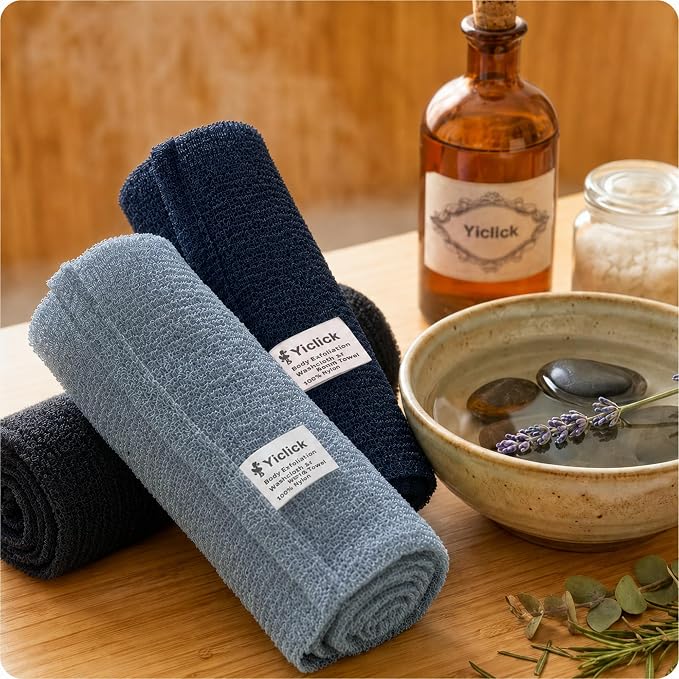 Exfoliating Washcloth Towel- Exfoliating Body Scrubber Exfoliator, Back Scrubber for Shower Bath, Exfoliate Rags Wash Cloths, Loofah Lufa Sponge, Silver Grey + Black + Deep Indigo