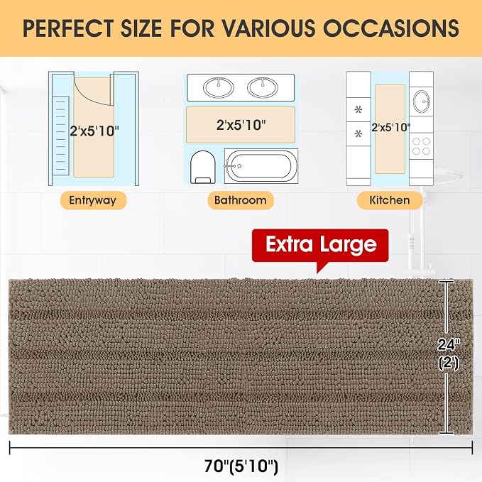 ACCUMTEK Extra Long Striped Dark Beige Bathroom Rug Mat 70"x24" Ultra Soft, Non Slip Chenille Bath Rugs, Absorbent Plush Shaggy Bath Mats for Bathroom, Bedroom, Kitchen, Shower, Tub,Taupe