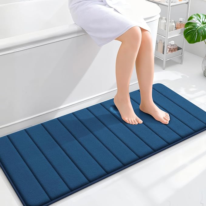 OLANLY Memory Foam Long Bathroom Rugs Runner 47x20, Super Soft Absorbent | Navy Blue, Quick Dry Bath Mat, Machine Washable Shower Floor Rugs, Bathmat Carpet for Bathroom Floor, Tub and Shower