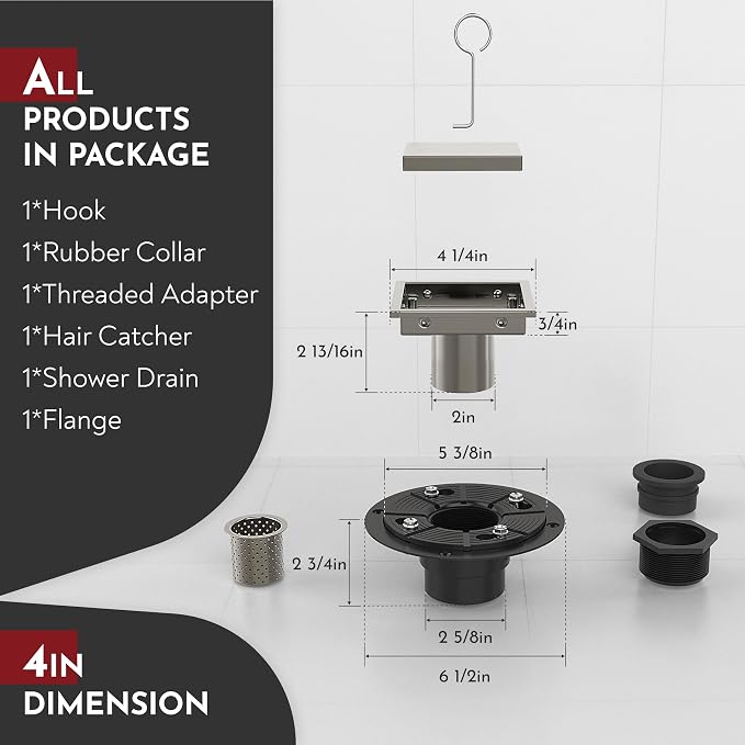 WEBANG 4 Inch Square Shower Drain Nickel Floor Drain with Flange Reversible 2-in-1 Cover Tile Insert Grate Removable SUS304 Stainless Steel CUPC Certified Brushed Nickel