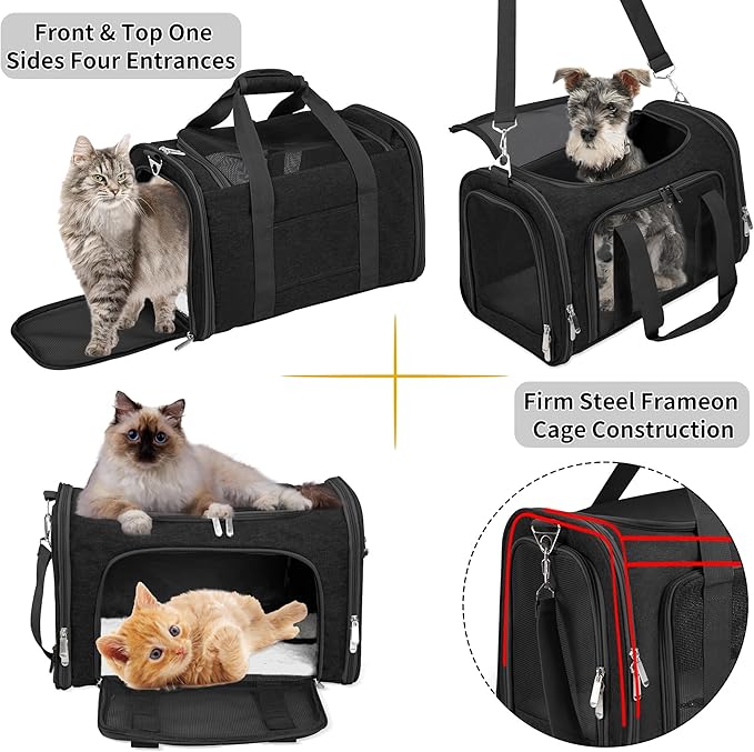 Soft-Sided Cat/Dog/Pet Carrier, Collapsible Pets Travel Carriers | for Big Cats/Small Dogs with Shoulder Strap & Removable Mat, Mesh Puppy Carry Bag, Up to 16 Lbs, TSA Airline Approved(Black)