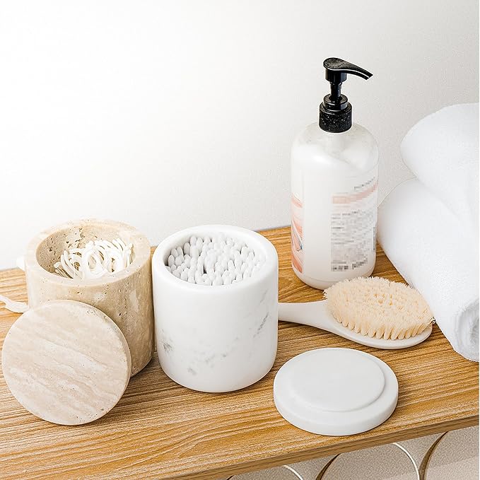 Travertine Qtip Holder Dispenser with Lid for Cotton Swabs,Balls,Pads,Floss Picks Large Capacity Marble Apothecary Jar for Bathroom Essentials Decor, Vanity Makeup Storage Organizer Beige(WH050)
