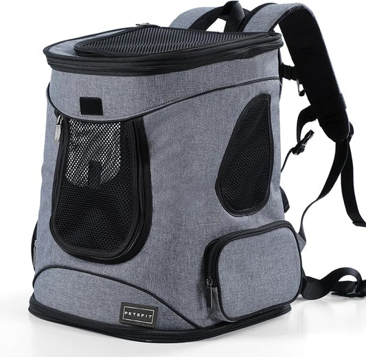Petsfit Dog and Cat Backpack Carrier, Padded Waist Support, Up to 18 lb | 13.5 x 12.5 x 17.5 in; reinforced frame, 600D Oxford, 4 mesh panels, lockable zippers, safety tether and washable mat.