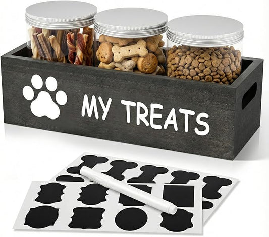 qeerable Dog Treat Container Airtight Storage Jars Set of 3 - Clear Plastic Pet Treat Canister with Lids - Dog Food Container for Countertop Organization (grey)