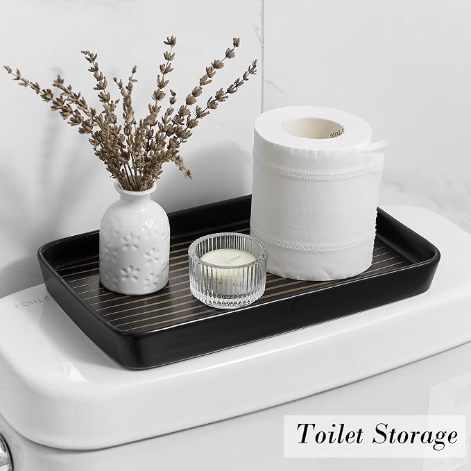 Bathroom Vanity Tray for Countertop,2PC Rectangle Striped Tray,Decorative Bathroom Organizer for Scrubber, Lotion Bottles, Perfume, Jewelry, Candle, Key Trinket Ring(Large,Black)