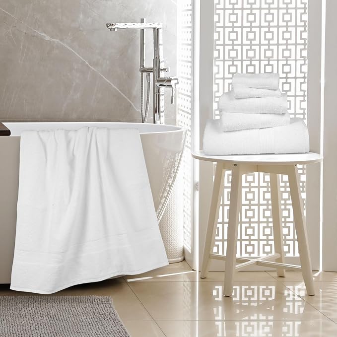 Amazon Basics 6-Piece Oversized Highly Absorbent Fade-Resistant Towel Set, 100% Cotton Towels for Bathroom, Soft, 2 Bath Towels, 2 Hand Towels, 2 Washcloths, White (Pack of 2)