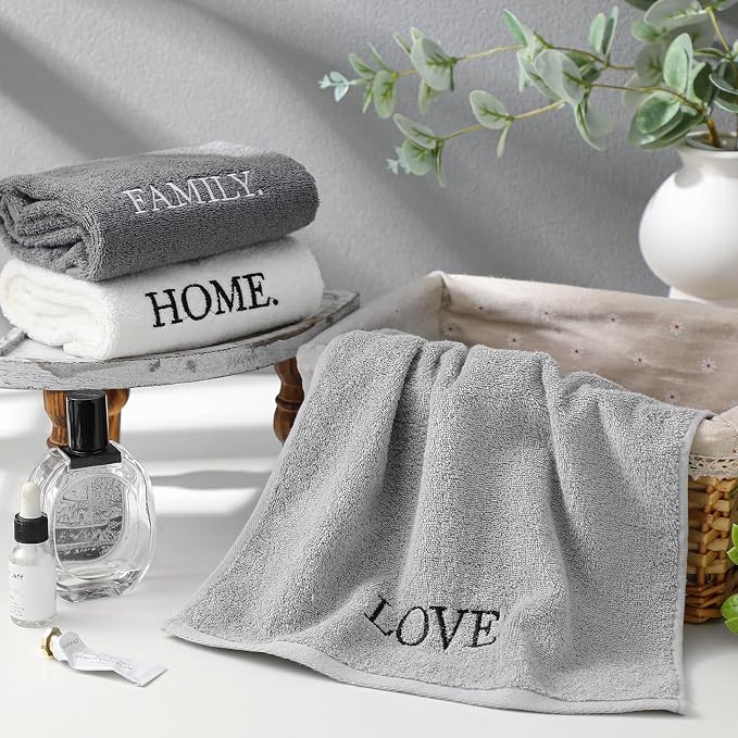 3 Pcs Hand Towels Bathroom Set,Gray,Home Love Family | Embroidered Cotton Farmhouse Towels, Kitchen Decor, Rustic Boho Decorative with Text Labels, Guest Bath Home