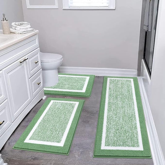 Pauwer Bathroom Rugs 3 Piece Set, Non Slip Washable Bath Mat, Green | Soft Plush Microfiber, Super Absorbent Floor Carpet, U Shaped Toilet Mats, Quick Dry, Shaggy Shower Rugs Runners