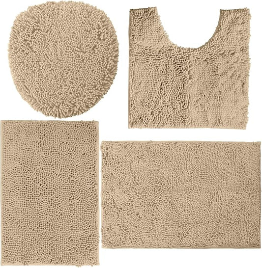 LuxUrux 4-Piece Bathroom Rug Set - Soft Chenille Mats, Non-Slip Toilet Mat & Lid Cover for Comfort & Style (20x20 U, 16x24, 20x30 & 19x19 inches, Birch)