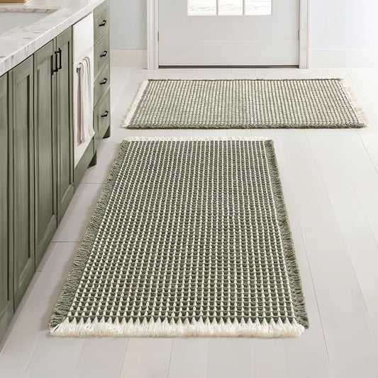 MIULEE Set of 2 Waffle Bathroom Rugs Boho Bath Mat Green&Cream 24x36 Inch | Non Slip, Super Absorbent, Washable, Ultra Soft, Rubber Backed, Large Bath Rugs for Bathroom Floor Tub Shower