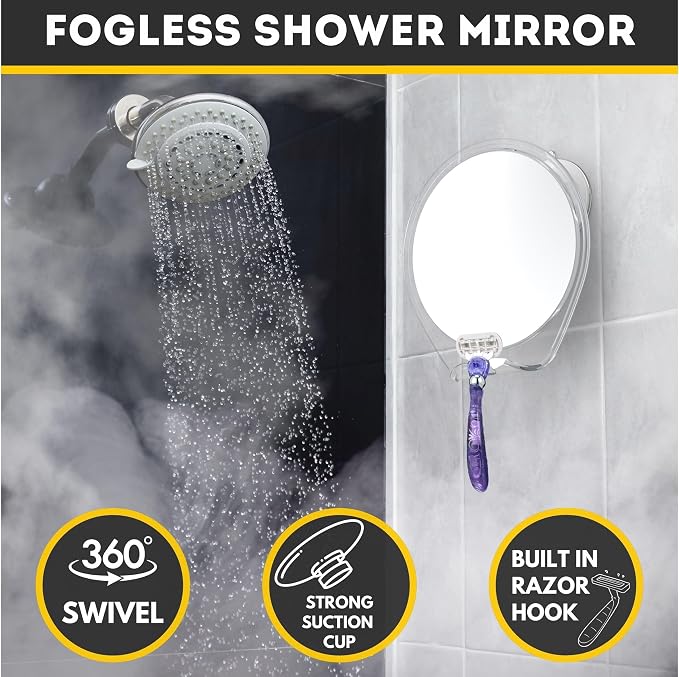 HONEYBULL Fogless Shower Mirror for Shaving with Suction Mount, White Large | Shatterproof Acrylic Bathroom Accessory With 360 Swivel & Built-in Razor Hook, Clear Reflection in Steam & No-Drill Setup