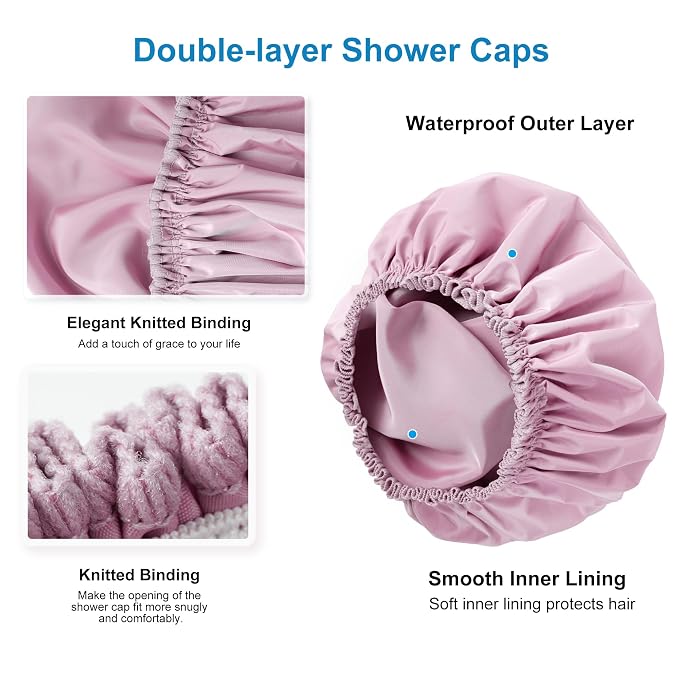 Shower Cap for Women, Large Waterproof Shower Bonnet | Double Layer, Reusable Hair Protector, Washable Large Bath Cap, Wide Elastic Band, for Long Hair, Braids - Purple