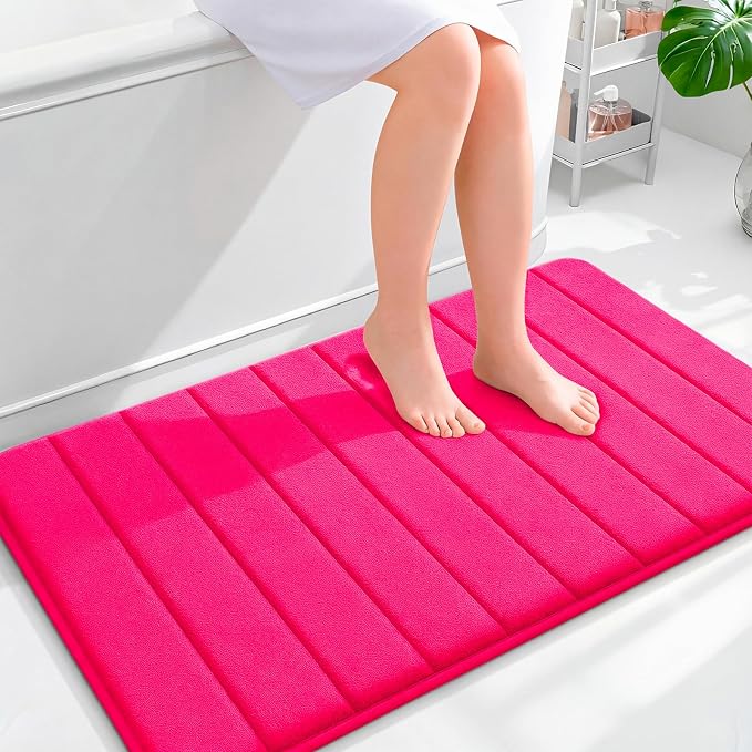 OLANLY Memory Foam Large Bath Mat 40x24, Super Soft Absorbent Bathroom Rugs | Hot Pink, Quick Dry Bath Rug, Machine Washable Shower Floor Mats, Bathmat Carpet for Bathroom Floor, Tub and Shower