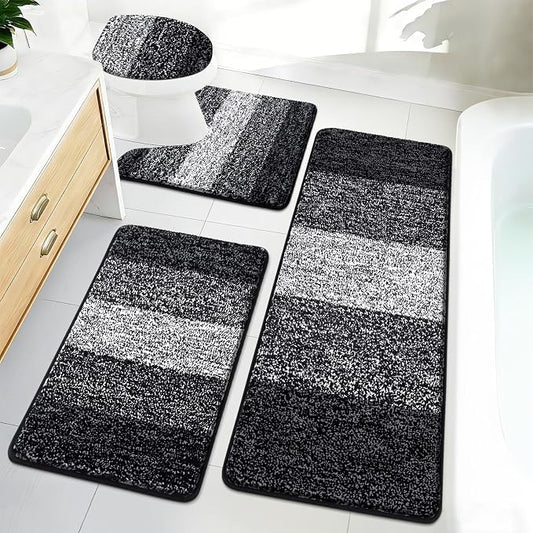 Bsmathom Bathroom Rug Set 4 Piece, Plush Microfiber Bath Mat, Black | Extra Water Absorbent, Non Slip Washable Runner Bath Rugs with Toilet Lid Cover and U-shaped Contour Toilet Mat