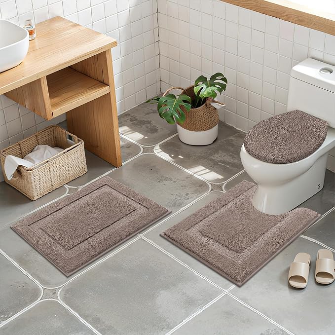 SHACOS Microfiber Bathroom Rugs Set of 3 with Toilet Lid Cover Non Slip | Washable Bath Mat Absorbent Bathroom Carpet 16"x24"+U Shape Toilet Rug 20"x24"+Toilet Lid Cover 19"x21", Coffee