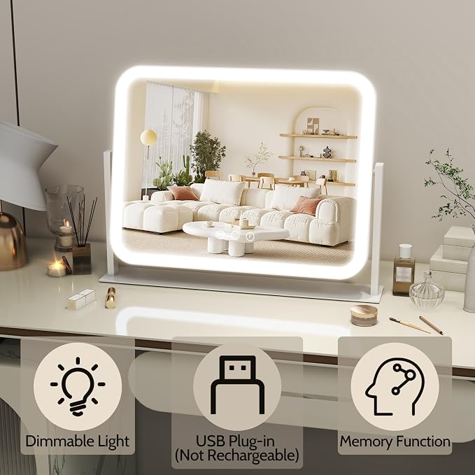 ROLOVE Lighted Makeup Mirror, 17"x13" Vanity Mirror with Lights, 10X Magnification, Gifts for Women, 3 Color Lighting Modes, Smart Touch Control, 360° Rotation for Bedroom or Tabletop (White)
