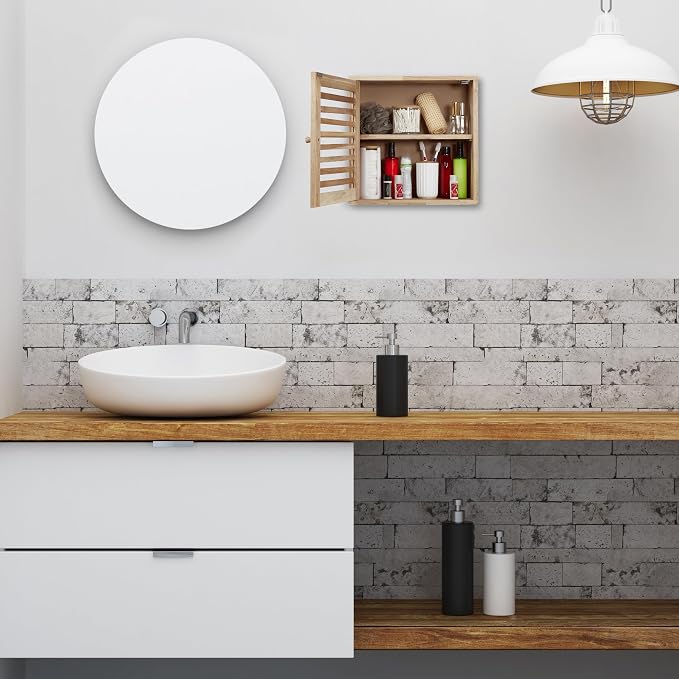 Relaxdays Wall Cabinet, 2 Levels, Door with Magnetic Lock, Narrow Wooden Storage, Bathroom, Kitchen, 42x42x18cm, Natural