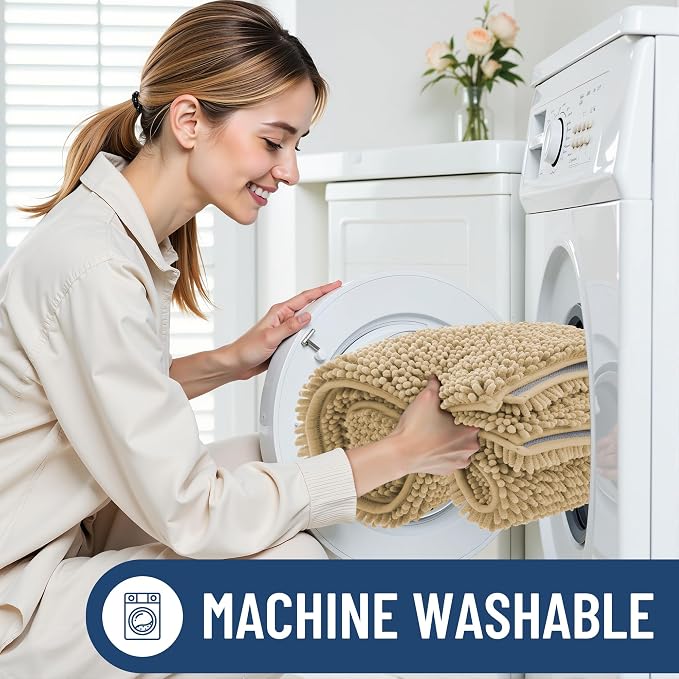 Smiry Chenille Bathroom Rugs Sets 2 Piece (47x17+24x16, Beige) | Soft Absorbent Machine Washable Non Slip Shaggy Bath Rug Set for Tub, Shower, and Floor, Home Decor