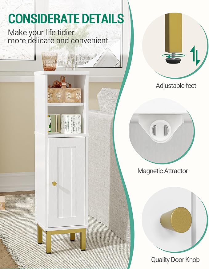 Hzuaneri Bathroom Storage Cabinet, Corner Floor Cabinet with Shelves, Customized Door Opening Direction, Bathroom Organizer with Adjustable Shelf for Kitchen, Living, Toilet Paper Holder, White