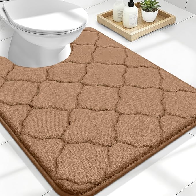 OLANLY Memory Foam Toilet Rugs U-Shaped 24x20, Soft Bath Mat, Dark Beige | Thick Absorbent Carpet, Non-Slip Backing, Machine Washable, for Bathroom Floor, Tub, Shower and Home Decor Accessories