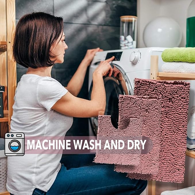 Chenille Bathroom Rugs Set 3 Piece Bath Mats for Bathoom Non-Slip Luxury Bathroom Rug Extra Soft and Absorbent Shaggy Rugs Washable Dry Plush Area Carpet