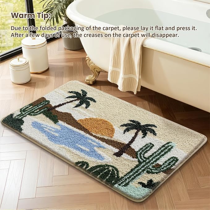 Bathroom Rug Mat, Desert Oasis Sunset Fluffy Rug with Cactus & Palm Tree, Ultra Absorbent Microfiber Shaggy Door Mat, Quick Dry Bath Rug Carpet for Toilet Bathtub Bedroom 20x31 Inch (Brown)
