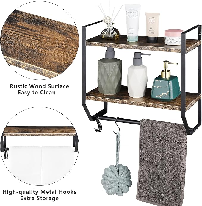 OYEAL Bathroom Shelf with Towel Bar Wall Mounted Towel Rack Rustic Towel Shelf for Bathroom with 5 Hooks, 2 Tier Shelf Storage Organizer for Living Room, Kitchen, Bedroom, Rustic Brown