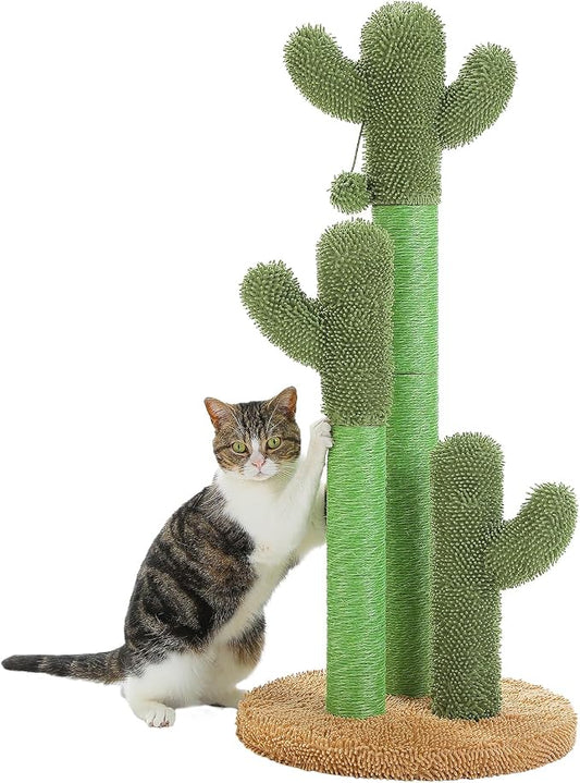 PAWZ Road Cactus Cat Scratching Post 35”Cat Scratcher with Toy Ball | Cactus Cat tree with 3 Sisal & Carpet Scratching Posts, Soft Carpet Base & Top, Interactive Ball for Adult and Indoor Cats