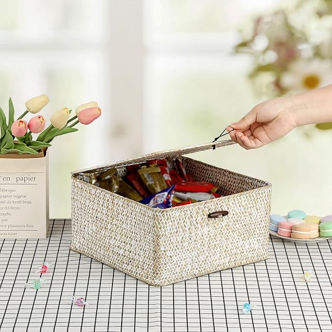 Hipiwe Wicker Shelf Basket Bin Square Handwoven Seagrass Storage Basket with Lid Home Organize Box for Bookshelf Living Room Bath Room Multipurpose Basket Container, Whitewash Large