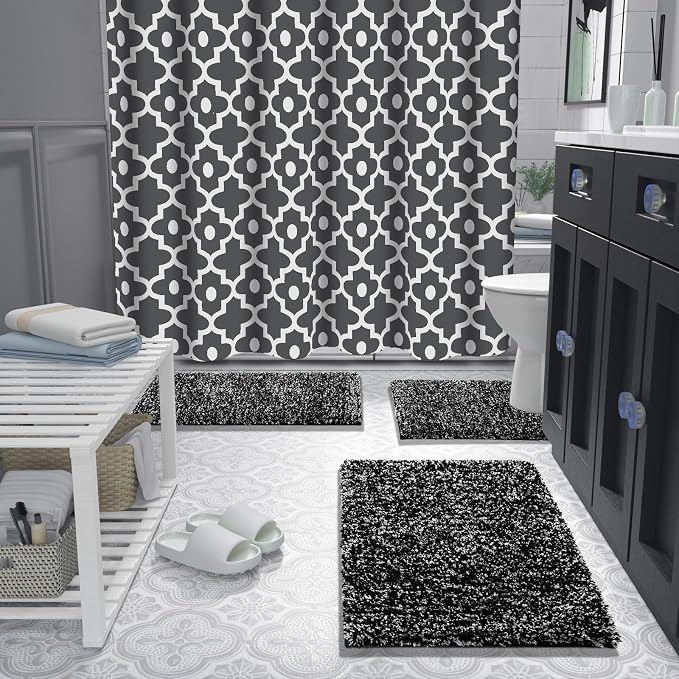 Yimobra Black and White Bathroom Rugs Non Slip Washable 36X24, Ultra Soft and Water Absorbent Bath Mats, Plush Fluffy Shower Mat Outside, Luxury Microfiber Thick Matts for Bathroom Floor/Tub