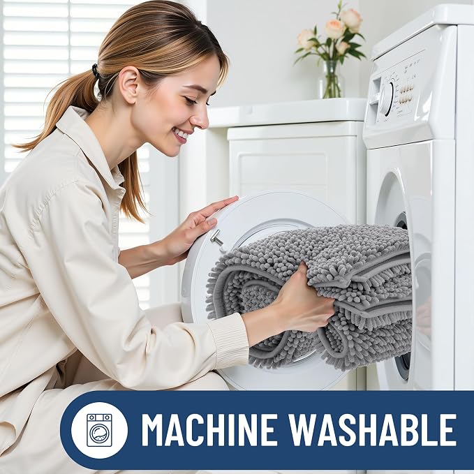 Smiry Chenille Bathroom Rugs Sets 2 Piece (34x21+30x20, Grey) | Soft Absorbent Machine Washable Non Slip Shaggy Bath Rug Set for Tub, Shower, and Floor, Home Decor