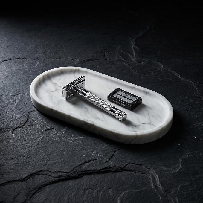 YKAJO Carrara White Gray Oval Marble Tray, 9.8x4.7 Perfume Organizer Dish | Honed natural stone; jewelry & trinket dish, ring & key holder, soap & candle catchall; bath counter, dresser, coffee table