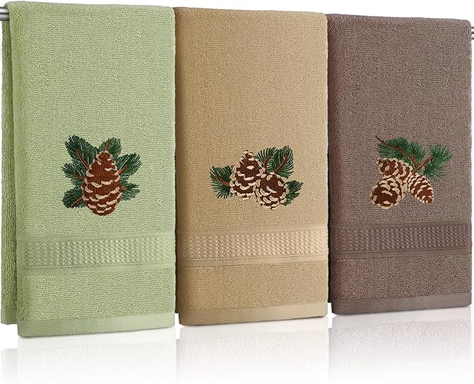 3 Pcs Rustic Pine Cone Hand Towels for Bathroom Christmas Decor | Embroidered Pine Cone Design, 100% Cotton, Christmas Bathroom Kitchen Decor, Absorbent Towels, Holiday Housewarming Gifts