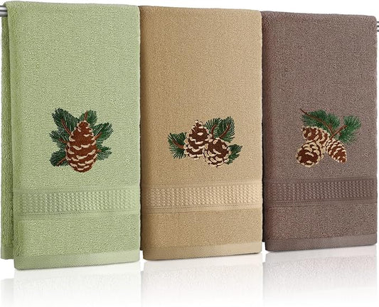 3 Pcs Rustic Pine Cone Hand Towels for Bathroom Christmas Decor | Embroidered Pine Cone Design, 100% Cotton, Christmas Bathroom Kitchen Decor, Absorbent Towels, Holiday Housewarming Gifts