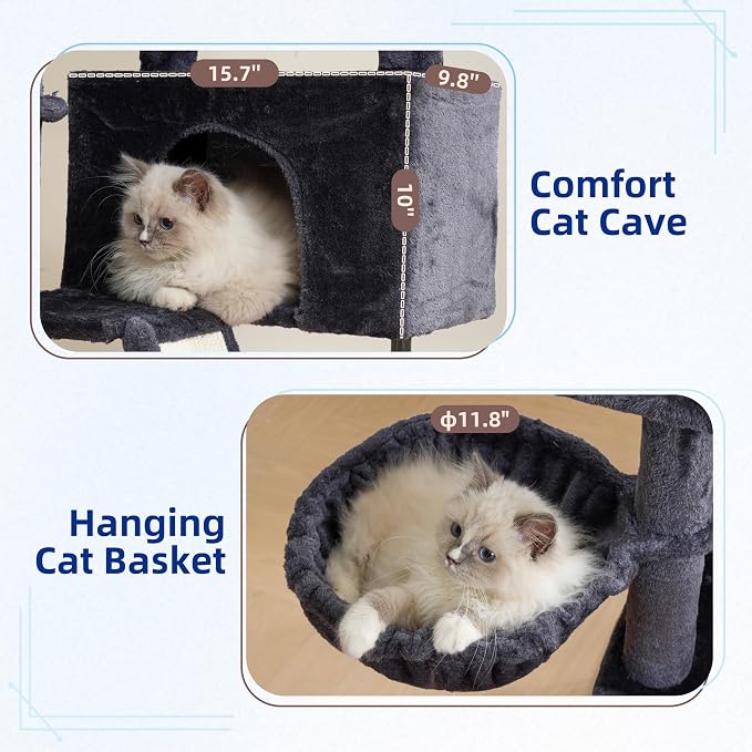 Cat Tree Tower for Indoor Cats, Top Platform with Toy, GCT006SG | 49.2 inch Cat Condo House, Sturdy Base, Scratching Post & Board, 3 Balls, Hanging Basket, Small Cats and Kittens, Drak Gray