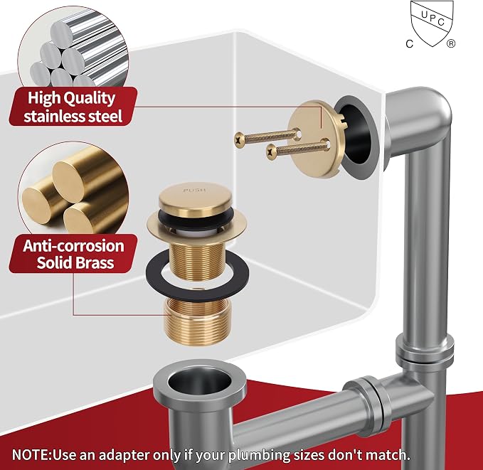 PRIMSOPH Tip-Toe Tub Drain Trim Kit with Two Hole Overflow Faceplate Conversion Kit Assembly Universal Fine Coarse Thread Replacement Brushed Gold