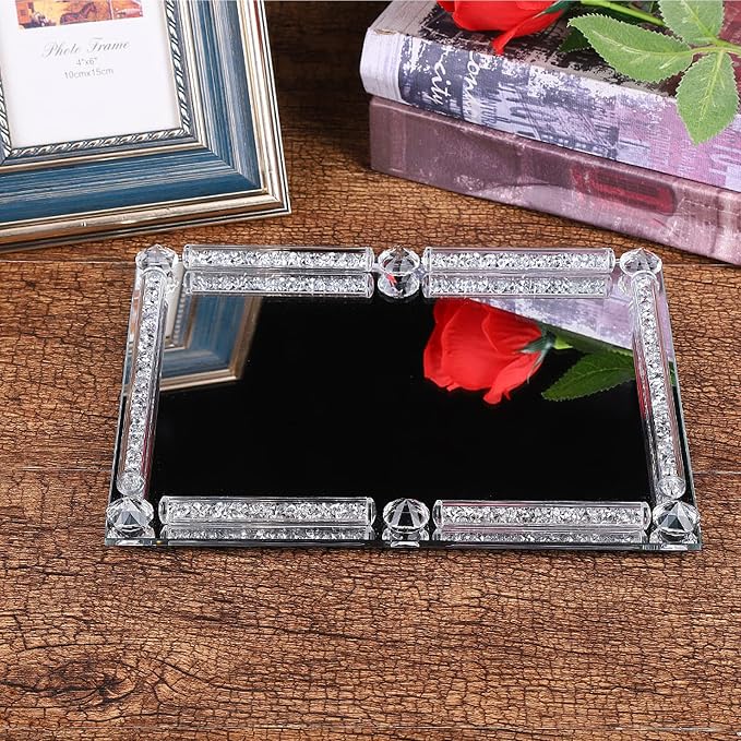 Mirror Perfume Tray for Dresser,Crushed Diamond Filled Glass Vanity Tray,Decorative Bathroom Tray,Crystal Tray for Home Decorative,Party,Hotel Banquet,11.8"x 7.9"x1.2",Silver