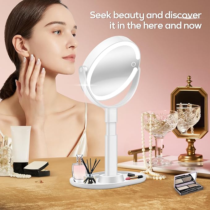 B Beauty Planet Vanity Mirror with Lights, 30X Magnifying Makeup Mirror, 3 Lighting and Adjustable Brightness, Rechargeable 2-Sided Height Adjustable Desk Mirror for Bedroom, Gifts for Women Black