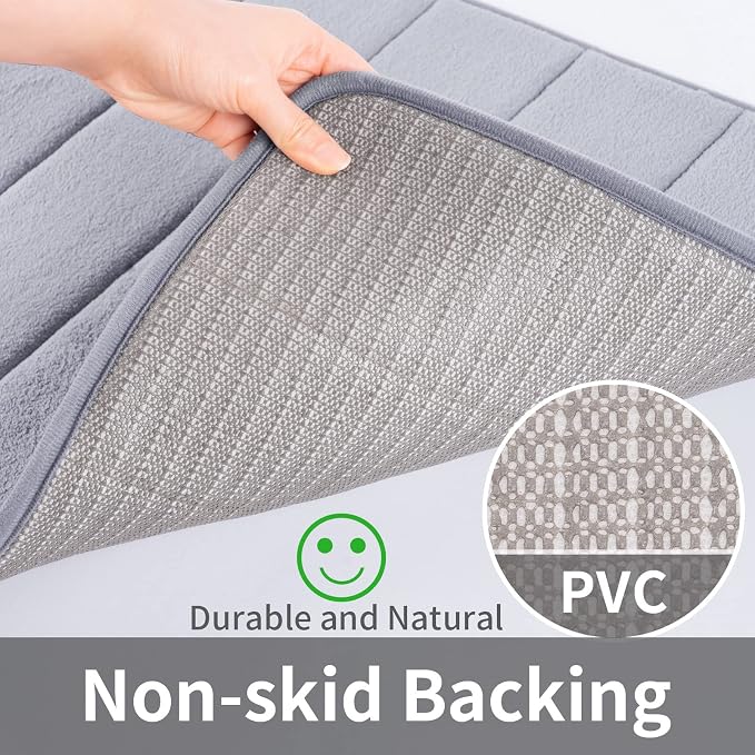 ROSMARUS Memory Foam Bath Mat, 17''x24'', Grey | Water Absorbent, Ultra Soft, Non Slip, Thick Foam, Bathroom Rugs for Floor & Tub, Machine Washable Care