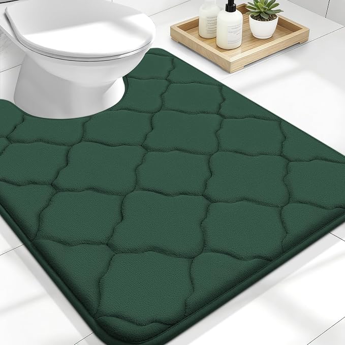 OLANLY Memory Foam Toilet Rugs U-Shaped 24x20, Soft Bath Mat, Dark Green | Thick Absorbent Carpet, Non-Slip Backing, Machine Washable, for Bathroom Floor, Tub, Shower and Home Decor Accessories
