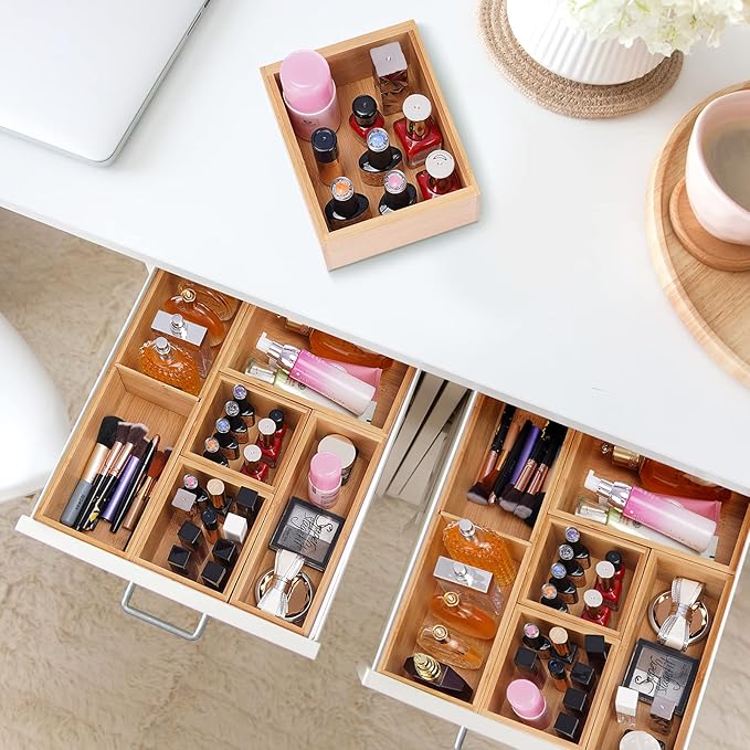 Fabsome Bathroom Drawer Organizer, Bamboo Box Bin for Junk Vanity Desk Makeup Drawer, Small Wooden Container Tea Storage Organization Tray for Kitchen Office, Set of 5
