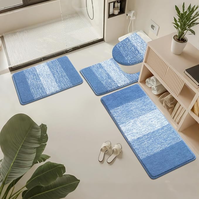 Bsmathom Bathroom Rug Set 4 Piece, Plush Microfiber Bath Mat, Blue | Extra Water Absorbent, Non Slip Washable Runner Bath Rugs with Toilet Lid Cover and U-shaped Contour Toilet Mat