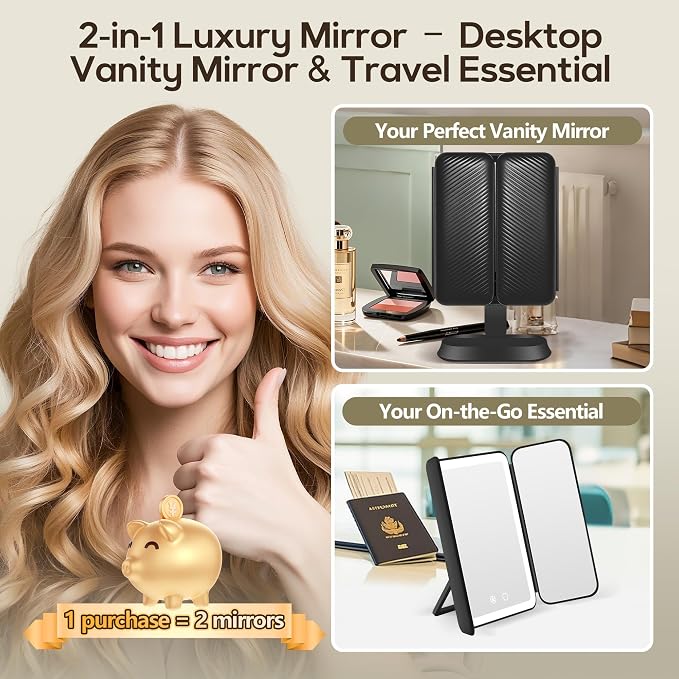 GOMIPURU Makeup Mirror with Lights and 30X/10X/5X Magnification, Vanity Mirror with 3 Color Lights, Rechargeable, Detachable, Lighted Makeup Mirror with Magnification, Trifold Mirror, Gifts, Black