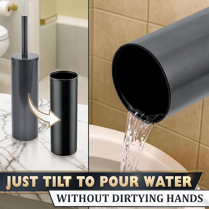Graphite Metallic Stainless Steel Toilet Brush and Holder Set - Toilet Bowl Brush and Holder with Splash Cover, Sturdy Bristles, Corrosion & Scratch Resistant - Elegant Design, Effective Deep Cleaning