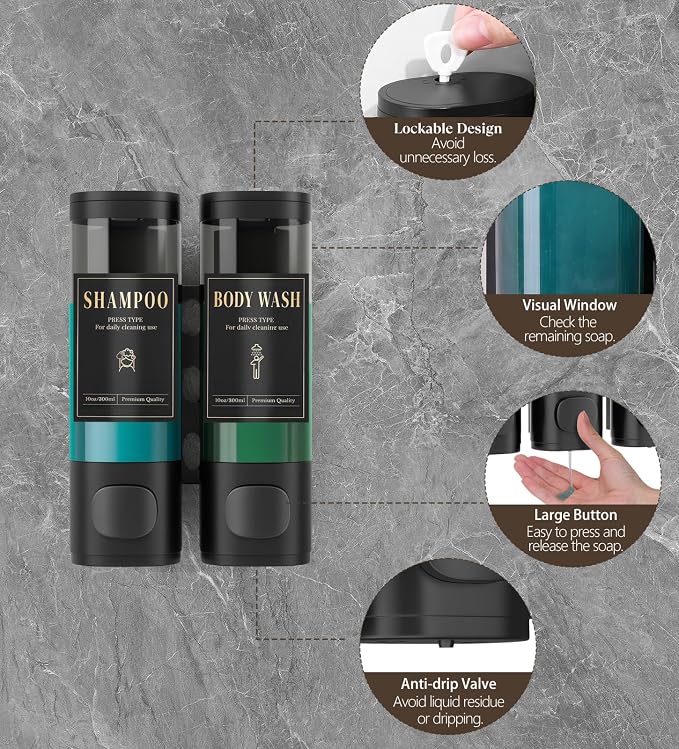 Luxspire Shampoo and Conditioner Dispenser, Shower Soap Dispenser 2-Chamber | Lockable Large Capacity 600ml No-Drill Wall-Mounted Shampoo and Body Wash Dispenser for Bathroom Hotel Kitchen Airbnb